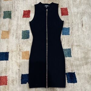 Black Sleeveless Ribbed Knit Dress with Gold Zipper